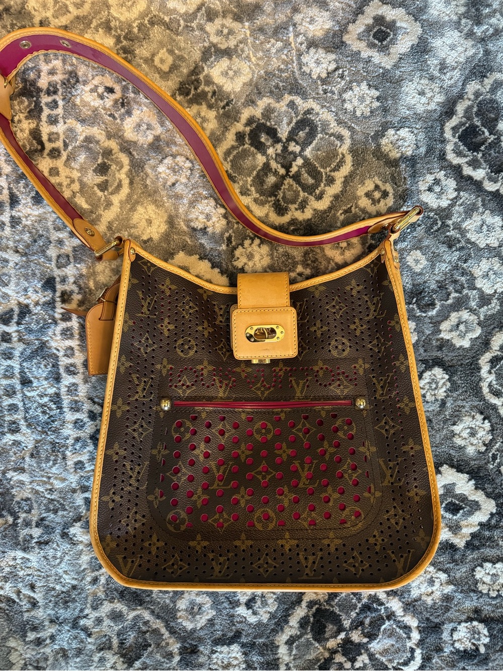 Louis Vuitton Brown Monogram Perforated Shoulder Bag with Burgundy Accent
